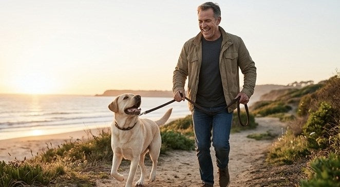 A man walking his yellow Labrador on a beach path at sunset