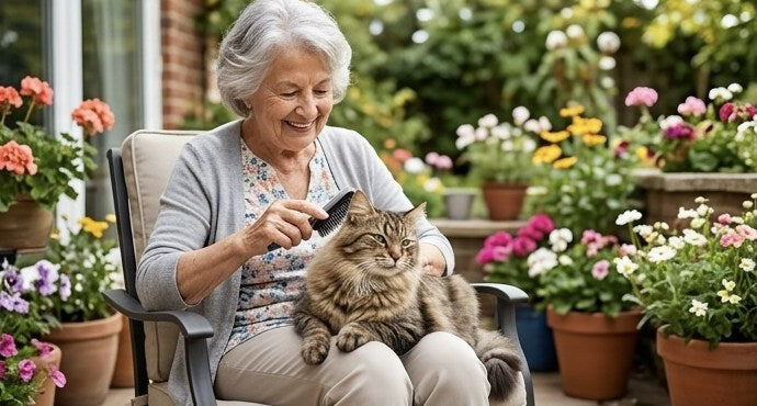 A grandmother brushing her tabby cat on her lap in a flower garden