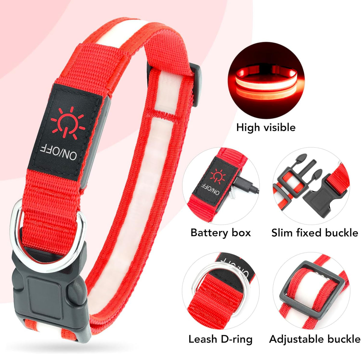 Rechargeable LED Dog Collar for Small Dogs, Red, USB Light-Up