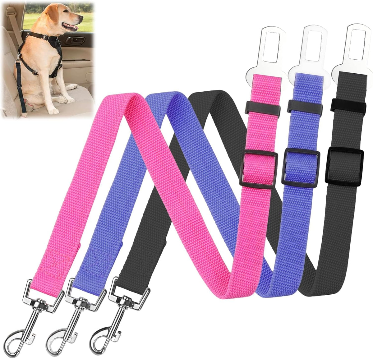 Dog Seat Belt, 3PCS Adjustable Dog Car Harness(Black, Blue, Pink)