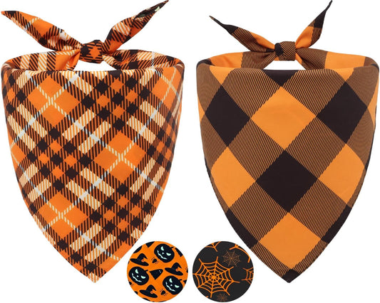 2-Pack Reversible Fall Dog Bandanas for Small Dogs, Pumpkin and Spider Web