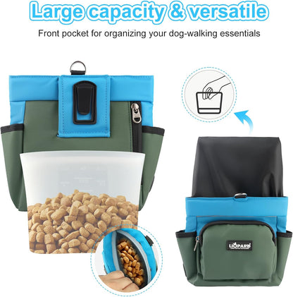 Dog Treat Pouch, Training Bag for Pet Walking, Pet Treat Bag with Silicone Liner, Magnetic Closure with Clicker and Belt Clip, 4-Cup Dog Treats Pouch for Outdoor Training (Blue)