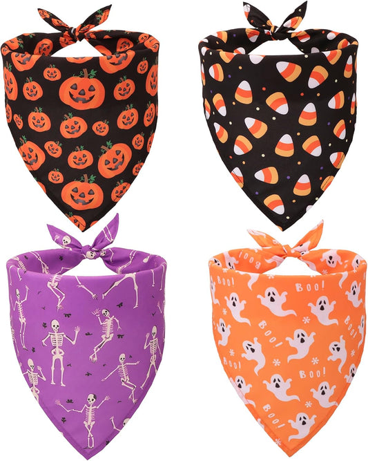 4-Pack Halloween Dog Bandanas, Large, Pumpkin, Ghost and Skeleton Prints