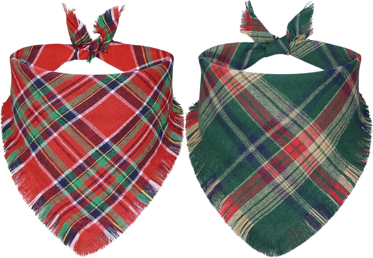 2 Pack Christmas Dog Bandanas with Tassels Edges, Multi Size Dog Christmas Bandana Scarf, Premium Cotton Fabric Plaid Holiday Bandanas for Large X-Large Dogs (Red and Green, X-Large)