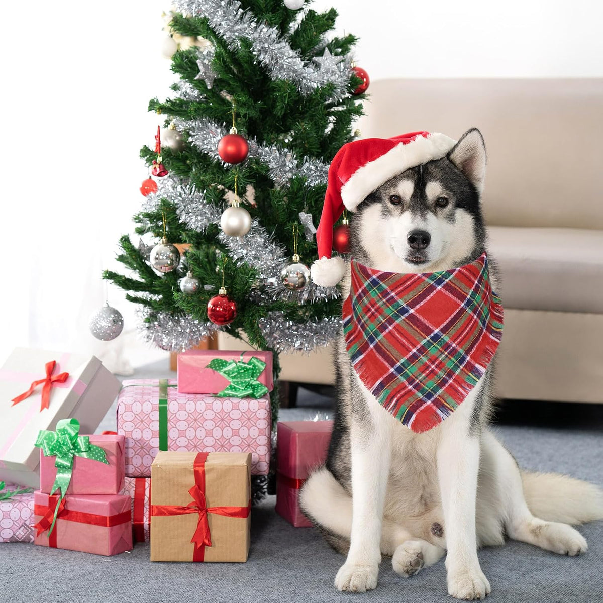 2 Pack Christmas Dog Bandanas with Tassels Edges, Multi Size Dog Christmas Bandana Scarf, Premium Cotton Fabric Plaid Holiday Bandanas for Large X-Large Dogs (Red and Green, X-Large)