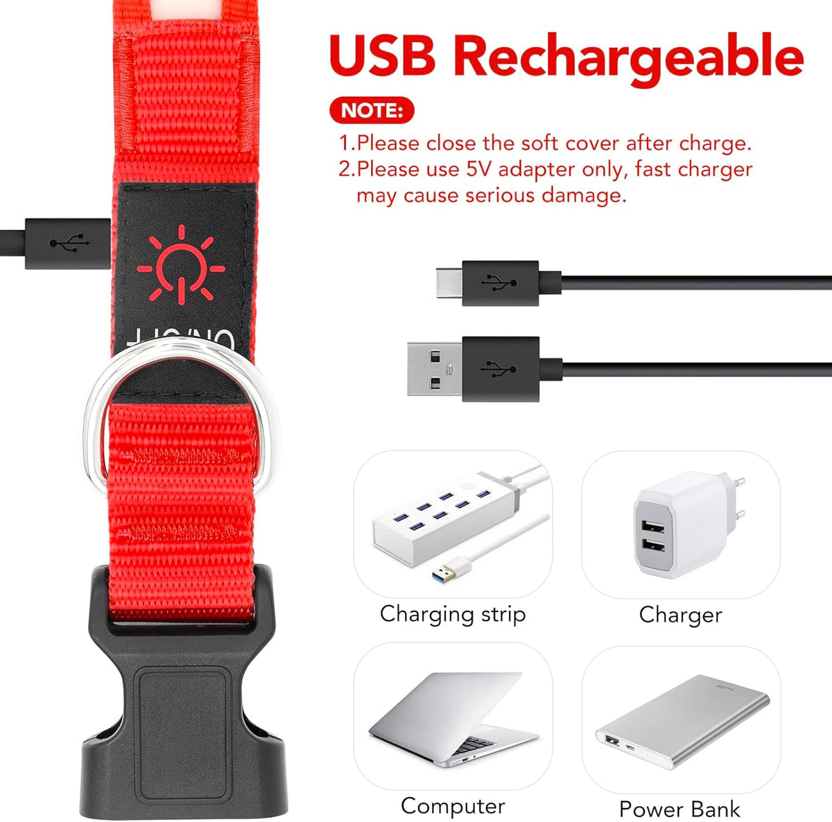 Rechargeable LED Dog Collar for Small Dogs, Red, USB Light-Up