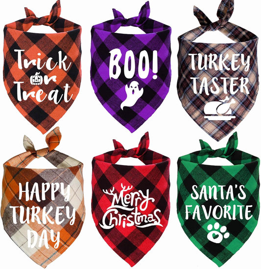 6-Pack Plaid Dog Bandanas for Halloween, Thanksgiving and Christmas