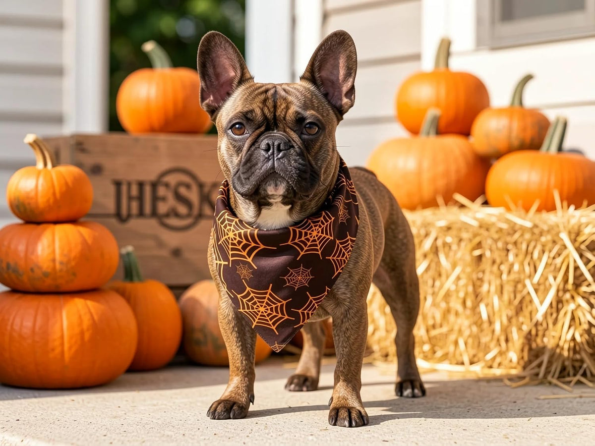 2-Pack Reversible Fall Dog Bandanas for Small Dogs, Pumpkin and Spider Web