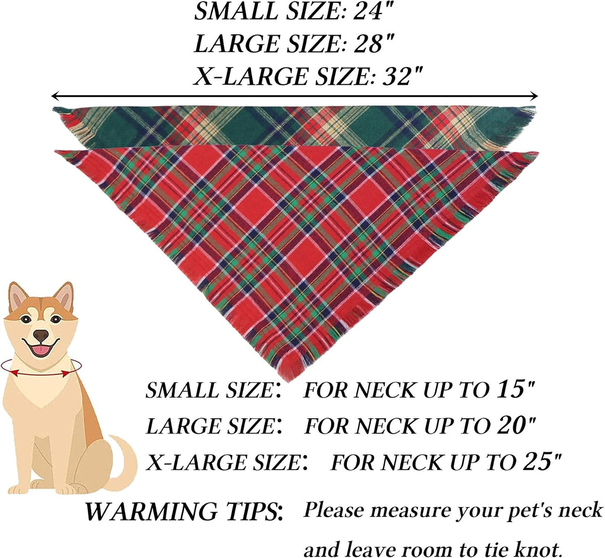 2 Pack Christmas Dog Bandanas with Tassels Edges, Multi Size Dog Christmas Bandana Scarf, Premium Cotton Fabric Plaid Holiday Bandanas for Large X-Large Dogs (Red and Green, X-Large)