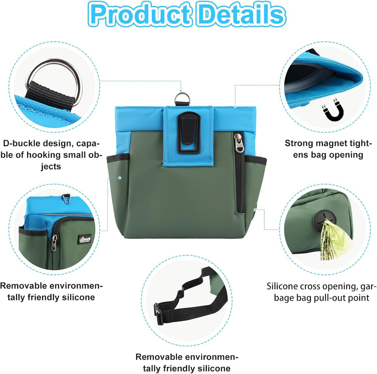 Dog Treat Pouch, Training Bag for Pet Walking, Pet Treat Bag with Silicone Liner, Magnetic Closure with Clicker and Belt Clip, 4-Cup Dog Treats Pouch for Outdoor Training (Blue)