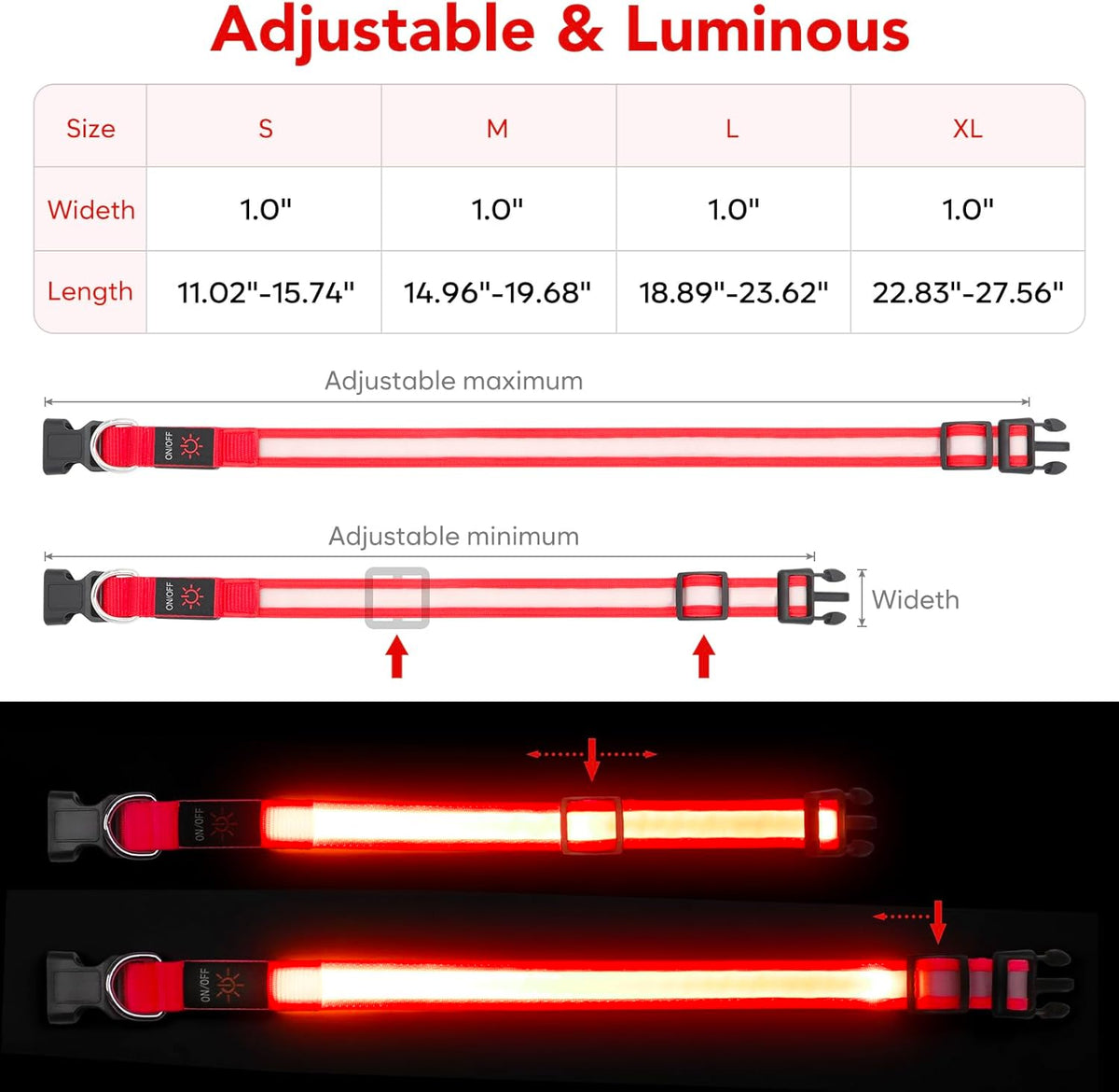 Rechargeable LED Dog Collar for Small Dogs, Red, USB Light-Up