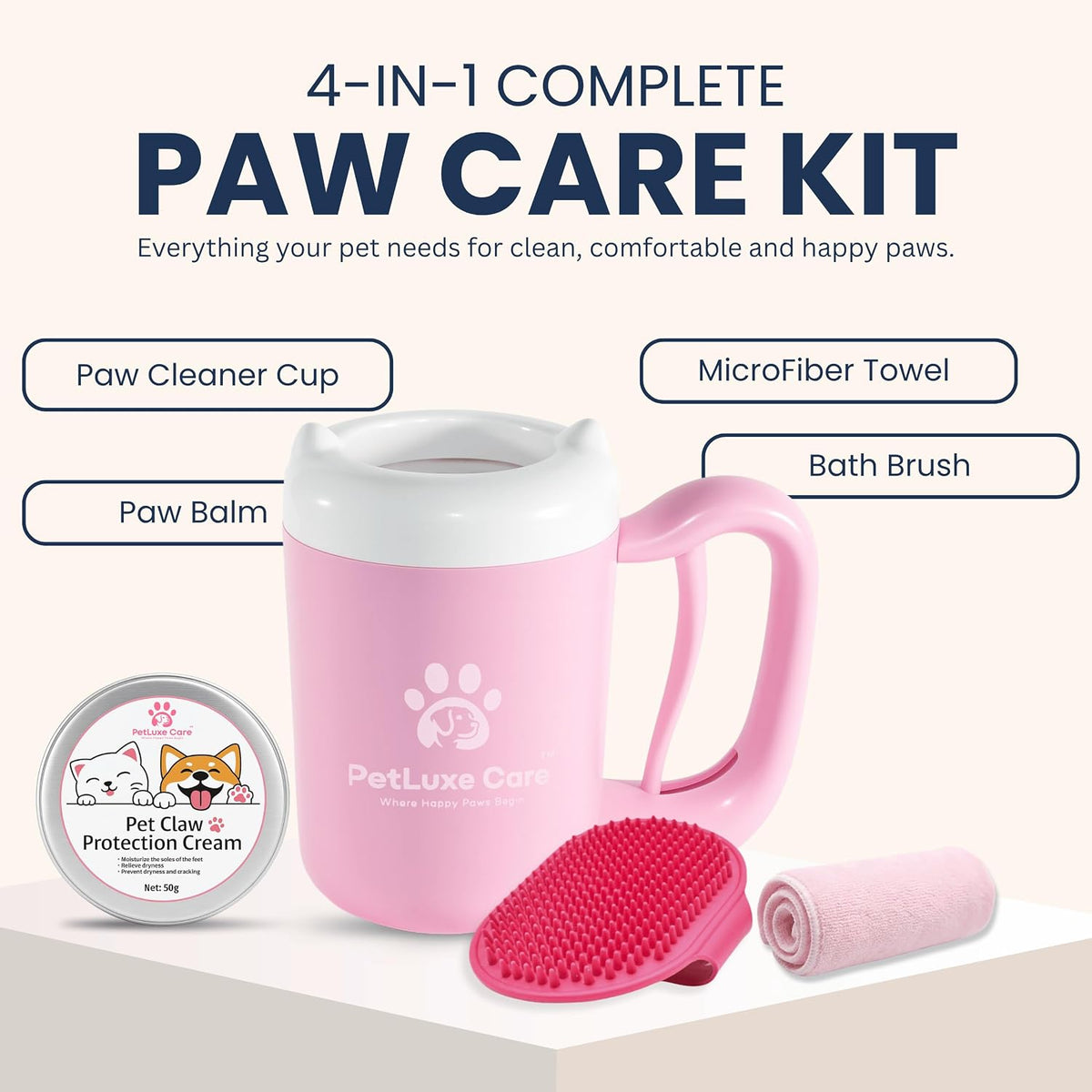 4-in-1 Dog Paw Cleaner Kit with Balm, Towel and Bath Brush