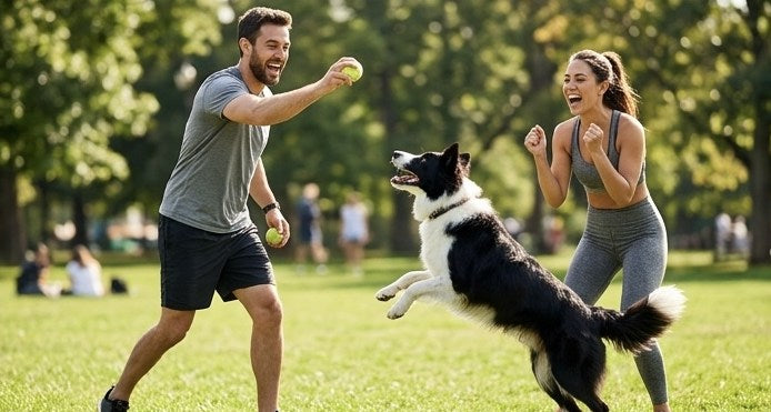 A couple playing fetch with their border collie in a sunny park