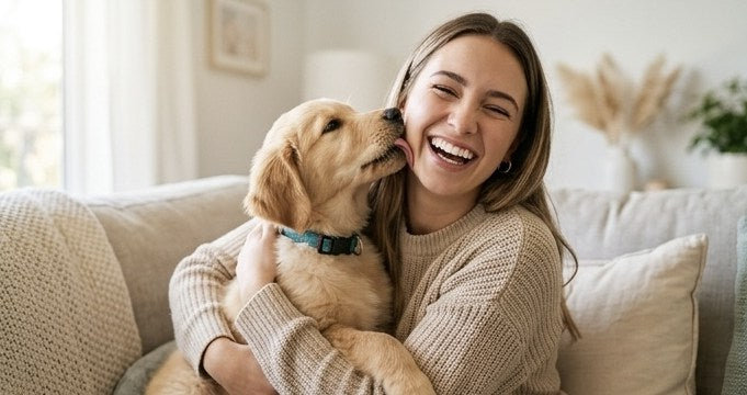 A smiling woman hugging a golden retriever puppy on the couch