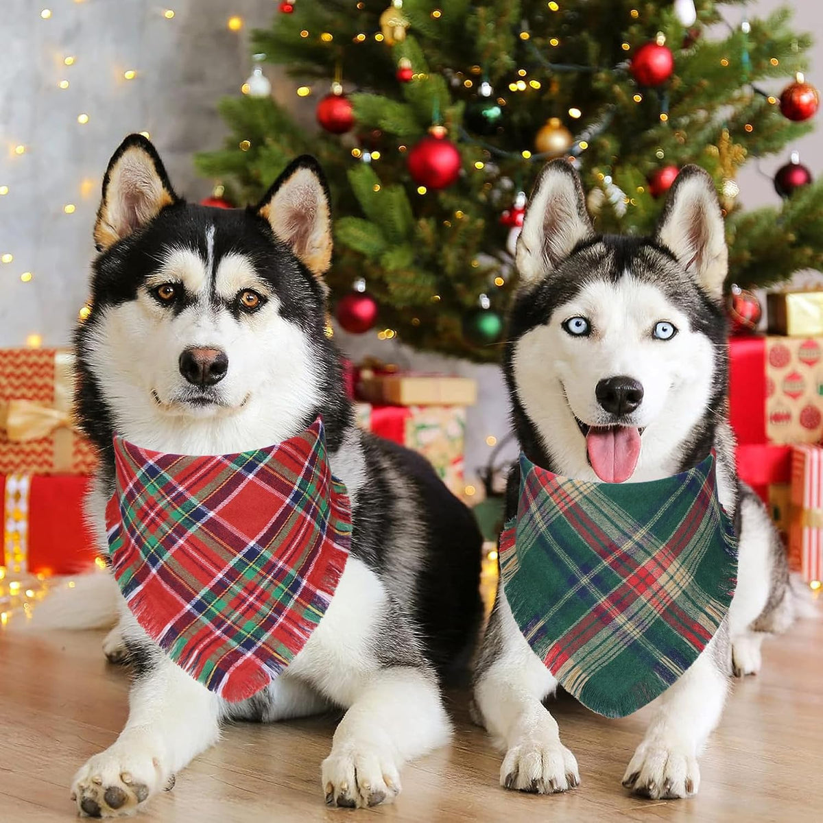 2 Pack Christmas Dog Bandanas with Tassels Edges, Multi Size Dog Christmas Bandana Scarf, Premium Cotton Fabric Plaid Holiday Bandanas for Large X-Large Dogs (Red and Green, X-Large)